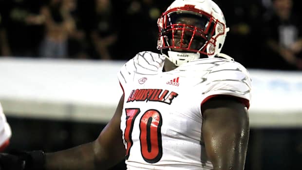 Louisville offensive lineman Trevor Reid reacts against UCF during the first half Friday, Sept. 9, 2022, in Orlando, Florida.